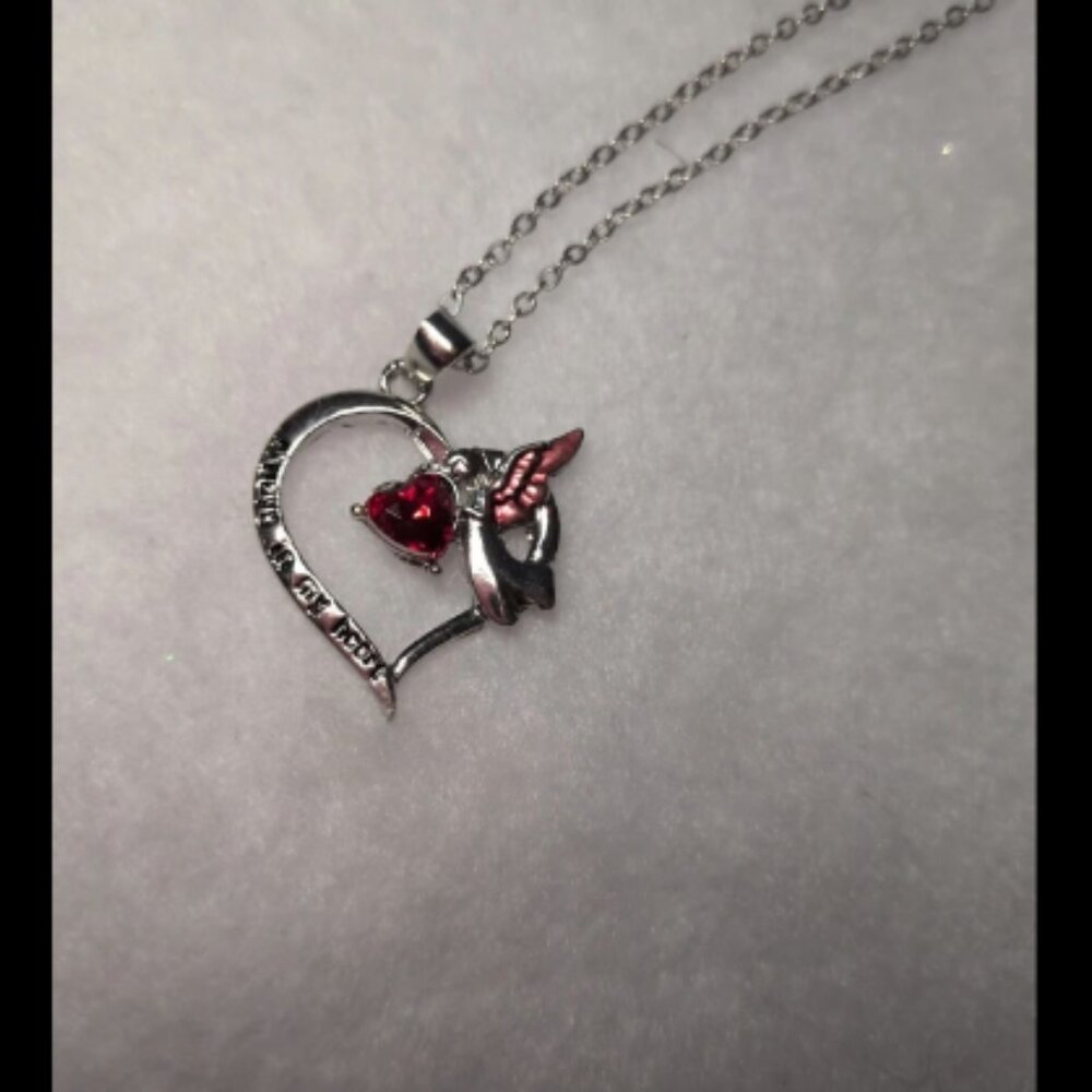 Angel Heart Necklace Pendant Red Crystal Always In My Heart Silver